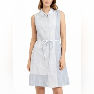 Hem & Thread Sleeveless Shirt Dress Size Small Blue Striped Button Front Tie